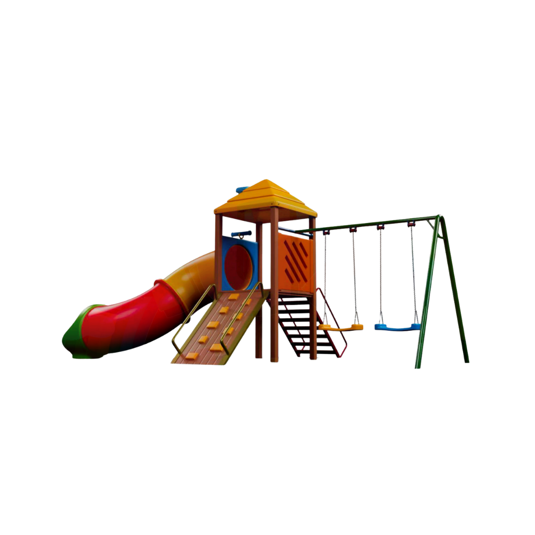 Parque Infantil com Torre, Tobogã, Escadas e Dois Balanços – Estrutura em Madeira Plástica