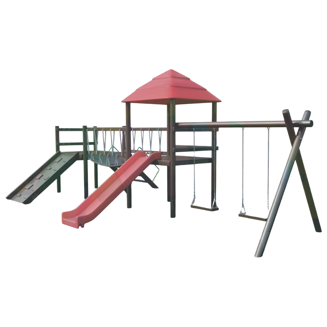 Parque Infantil em Madeira com Torre de Fibra, Balanços e Escorregador