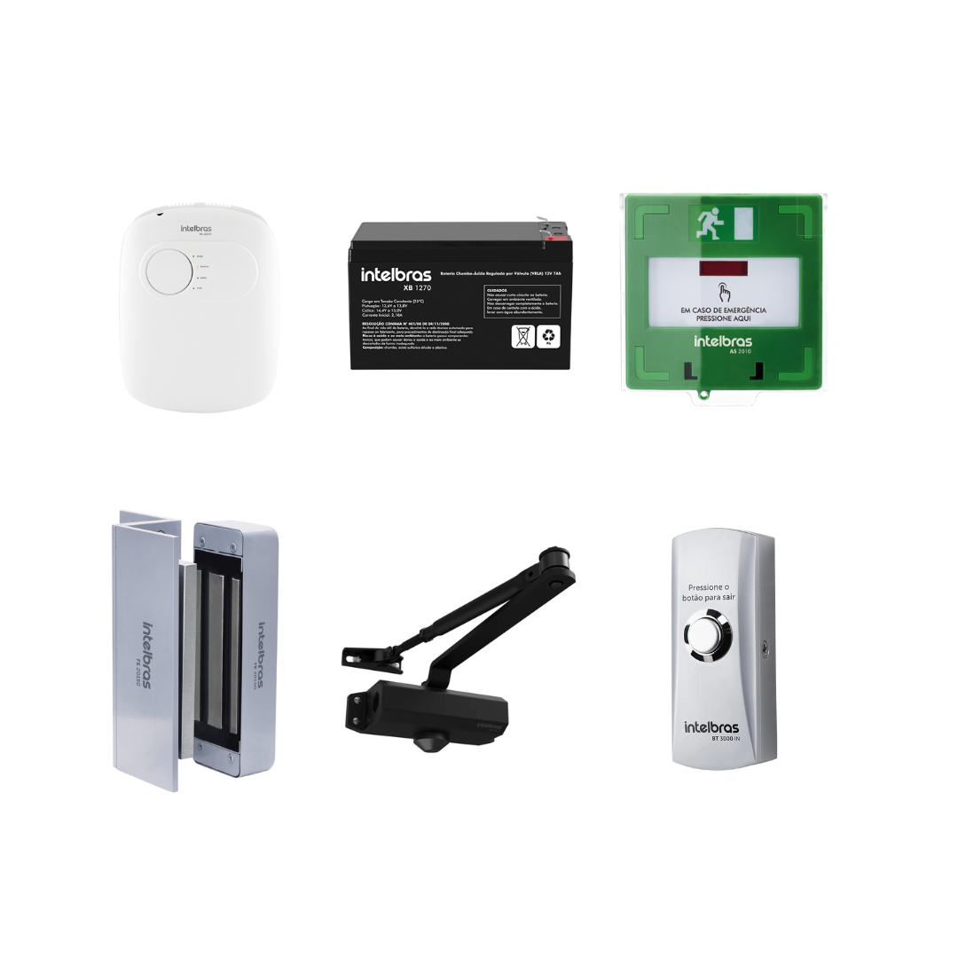 Kit de Acessórios para Controle de Acesso com Fonte, Fechadura Eletroímã, Bateria, Botão de Saída, Mola Hidráulica e Caixa de Emergência – Intelbras